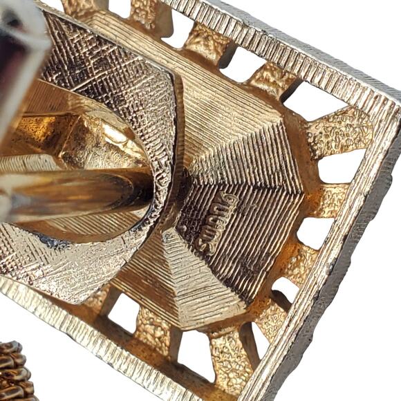 Vintage Swank Cufflinks Gold Tone Mesh Wrap Green Glass Stone Retro 60s Designer - Picture 7 of 7